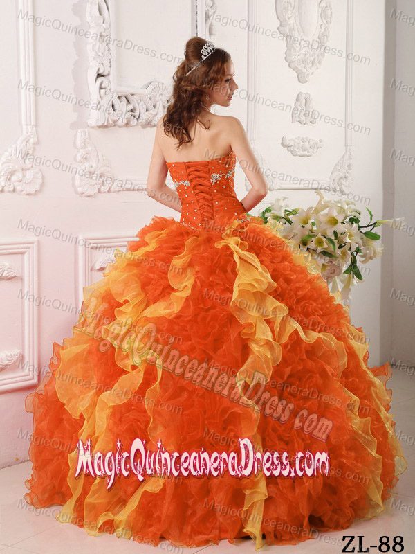 2014 Orange Red Sweetheart Organza Appliques and Beading Quinceanera Dress