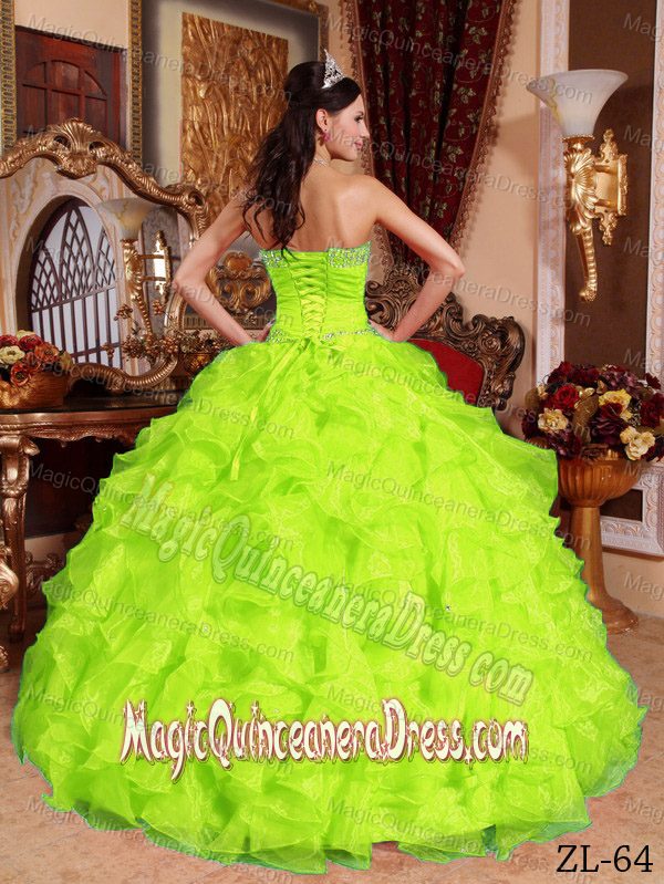 Yellow Green Sweetheart Ruffled Organza Beading Quinceanera Gowns in Salisbury