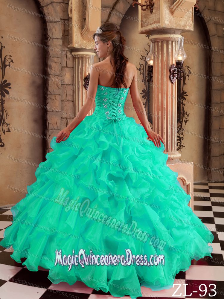Turquoise Ball Gown Sweetheart Ruffles Organza Quinceanera Dress with Beading