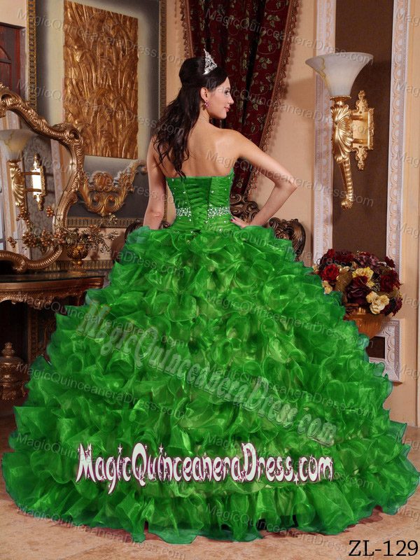 Green Ball Gown Sweetheart Organza Beading and Ruffles Quinceanera Gowns