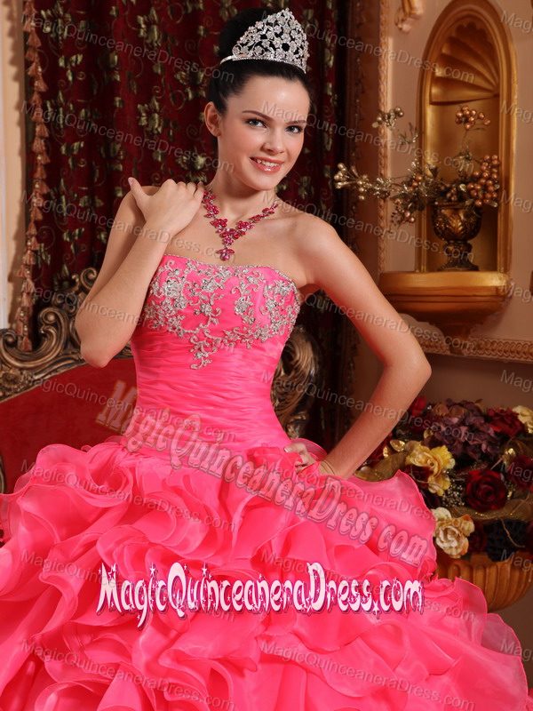Hot Pink Strapless Organza Beading and Appliques Sweet 16 Dresses in Ocean City