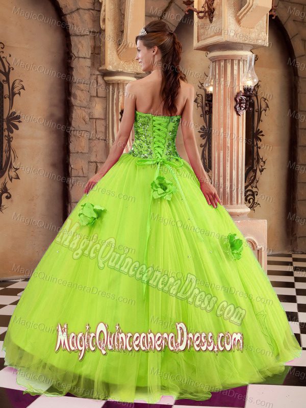 Spring Green Strapless Beading and Hand Made Flower Sweet Sixteen Dresses