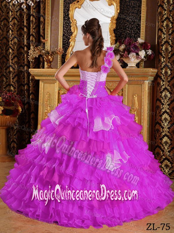 Purple One Shoulder Organza Ruffles and Beading Quinceanera Dress in Waterville