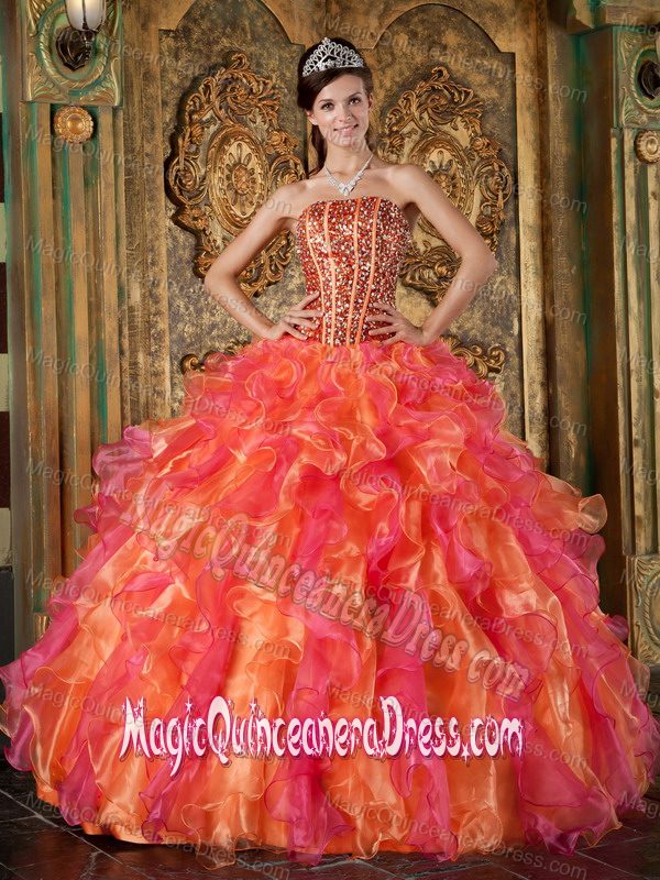 Multi-Colored Strapless Organza Beaded Ruffled Quinceanera Dress
