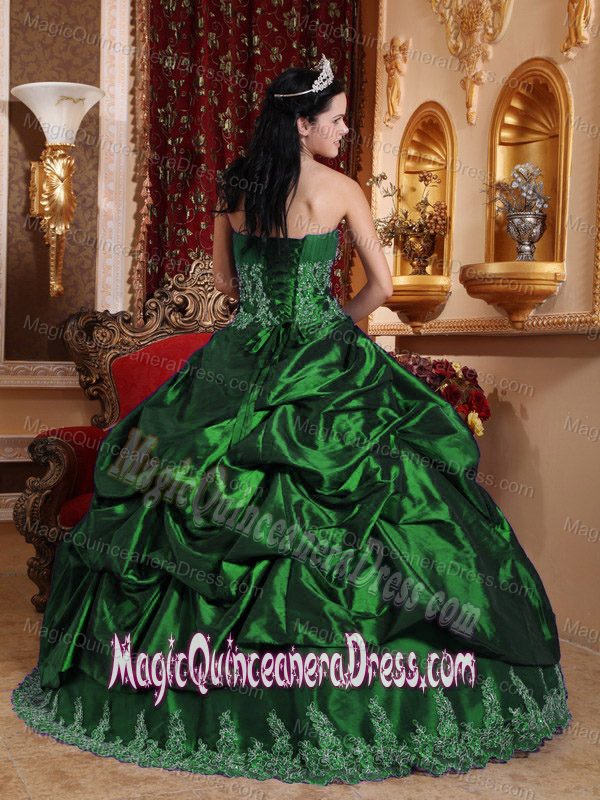 Hunter Green Sweetheart Appliqued Quince Dress with Pick Ups in Abilene
