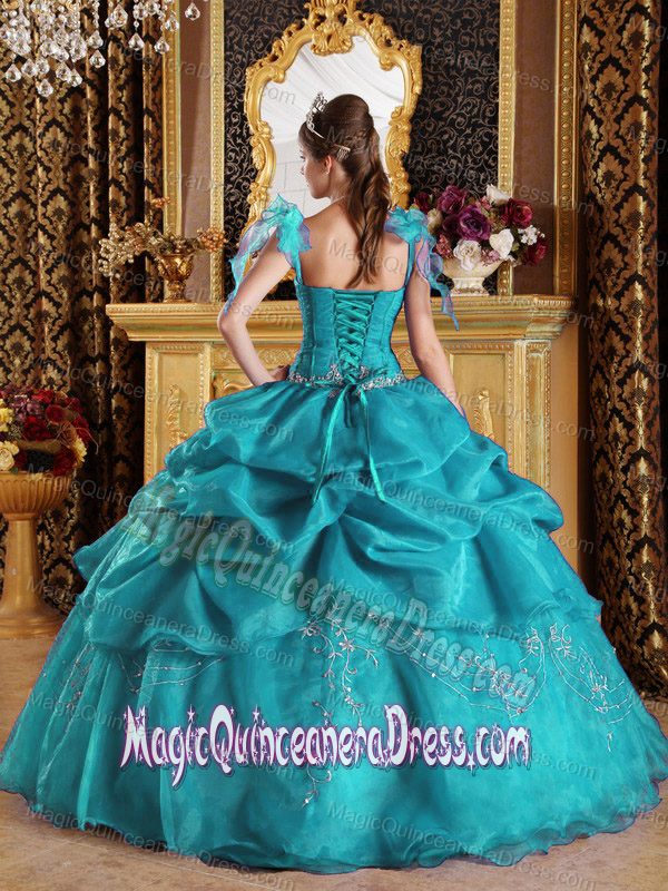Teal Appliqued Quince Dresses with Spaghetti Straps and Pick Ups