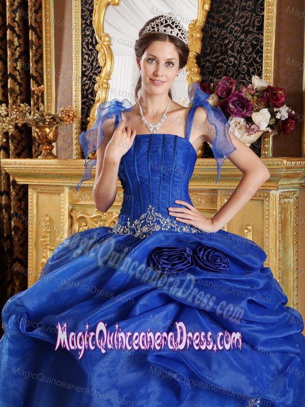 Organza Appliqued Quinceanera Dress in Blue with Spaghetti Straps