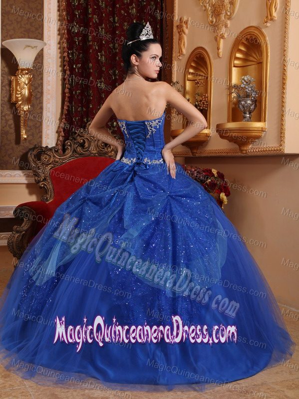 Blue Sweetheart Floor-length Tulle Beaded Appliqued Quince Dress