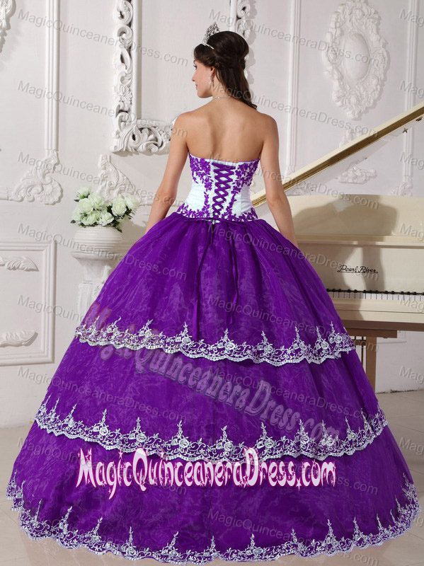 Strapless Floor-length Appliqued Quince Dress in Purple and White