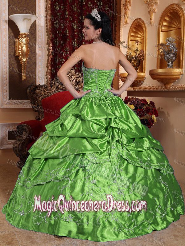 Strapless Embroidered Quince Dresses in Spring Green with Beading