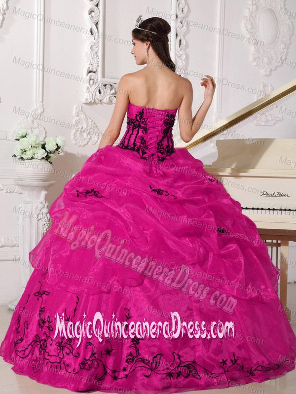 Strapless Floor-length Appliqued Quince Dress Coral Red and Black