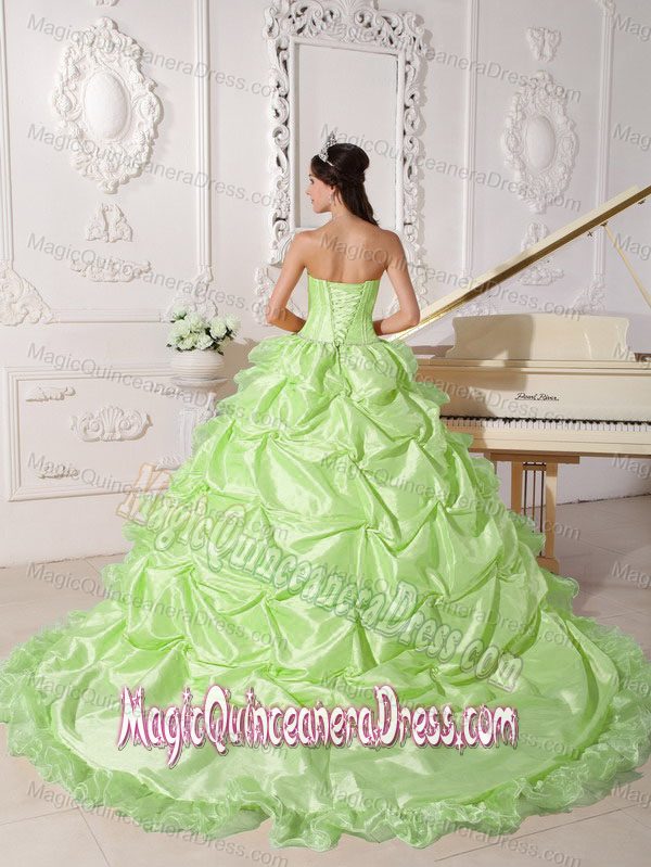 Yellow Green Strapless Beaded Sweet 16 Dresses with Chapel Train
