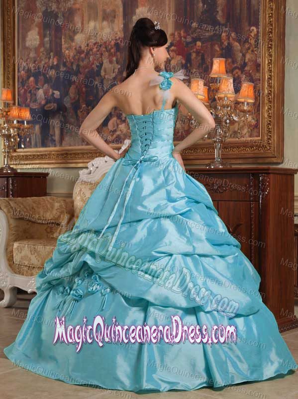 Baby Blue One Shoulder Quinceanera Dress with Hand Flowers in San Justo