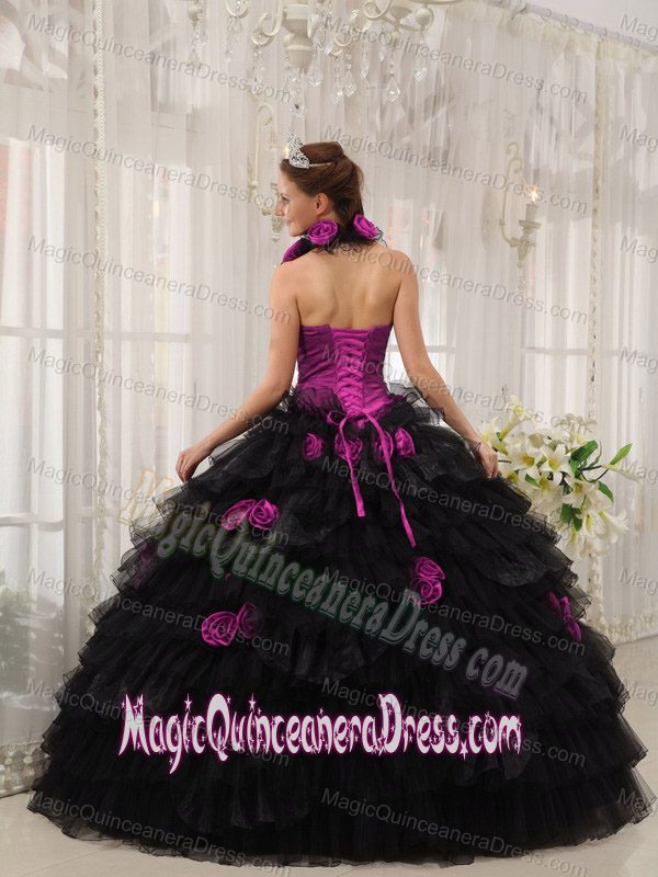 Halter Floor-length Hand Flowery Quince Dresses Fuchsia and Black