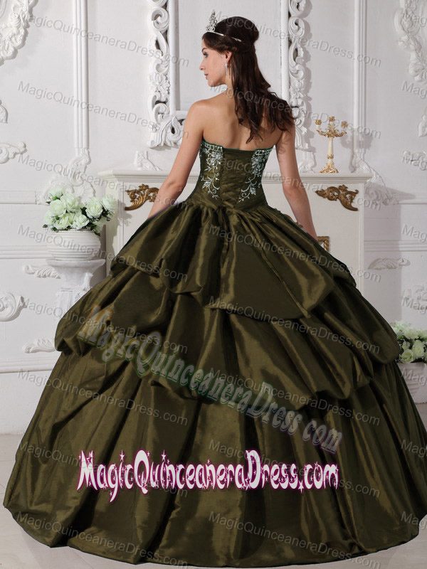 Olive Green Strapless Floor-length Quince Dress with Embroidery in Morn