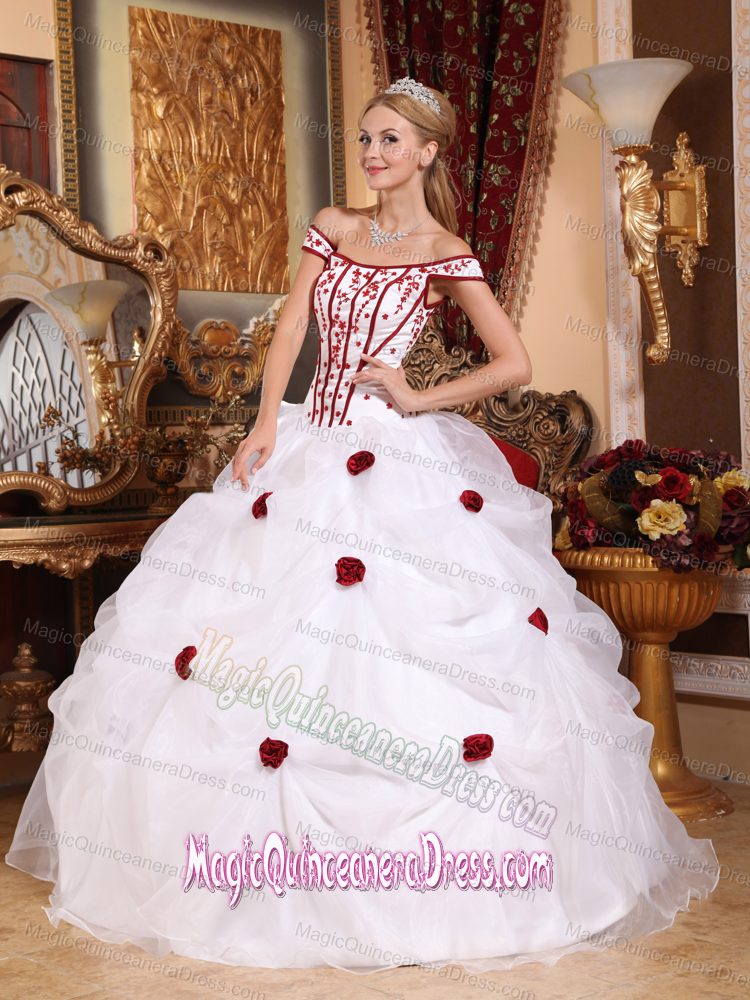 White Off the Shoulder Floor-length Embroidered Quinceanera Dress
