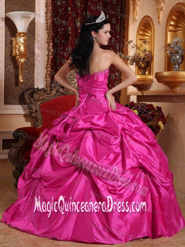 Strapless Floor-length Taffeta Beaded Quinceanera Dress in Hot Pink