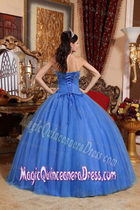 Blue Strapless Floor-length Embroidered Quince Dress with Beading