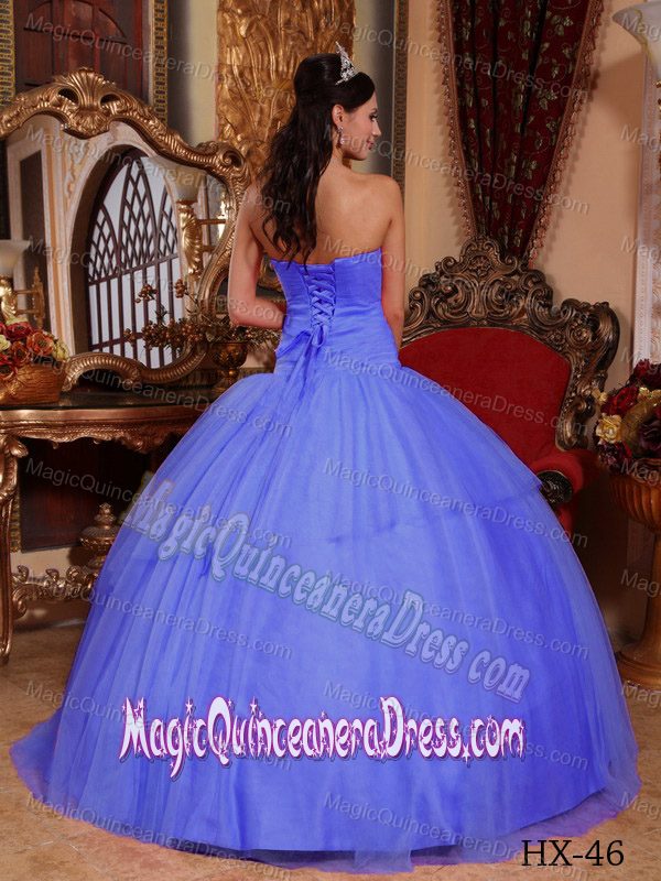Strapless Tulle Appliqued Quinceanera Dress with Beading in Purple