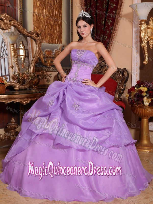 Lavender Strapless Organza Quinceanera Gown Dress with Beading