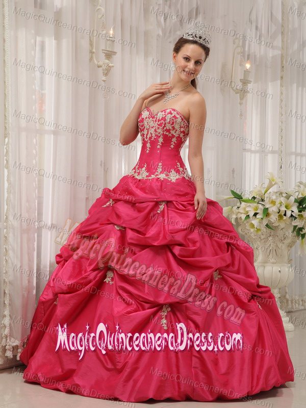 Coral Red Sweetheart Taffeta Quinceanera Dresses with Appliques in Concepcion