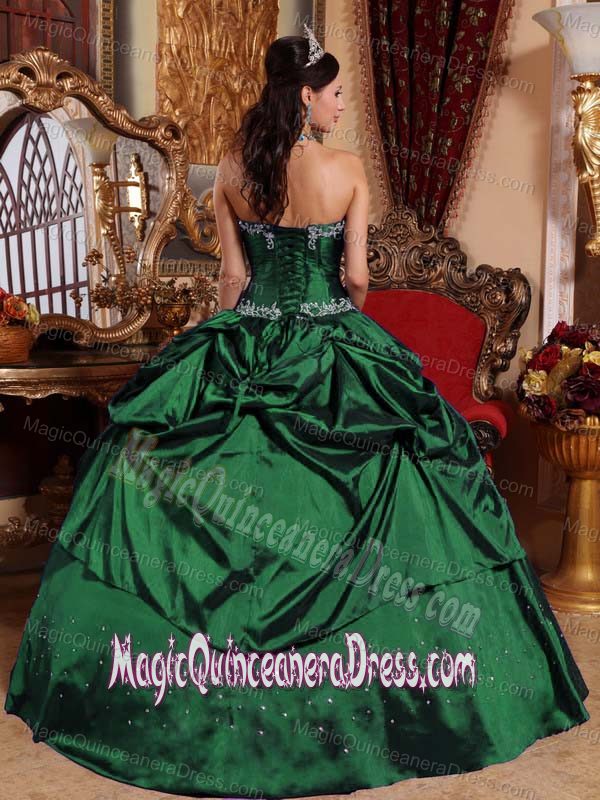 Strapless Floor-length Taffeta Beaded Quince Gowns in Dark Green