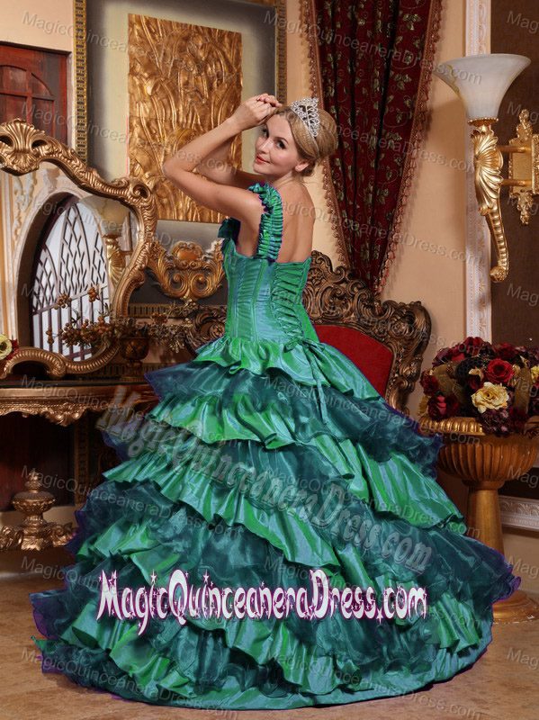 One Shoulder Taffeta and Organza Hand Flowery Quinceanera Dress