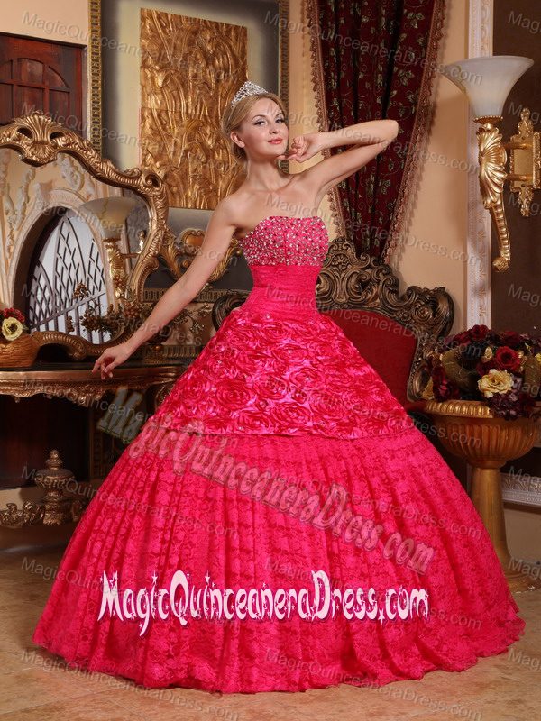 Strapless Beaded Quinceanera Dress with Rolling Flowers in Red in Mendoza