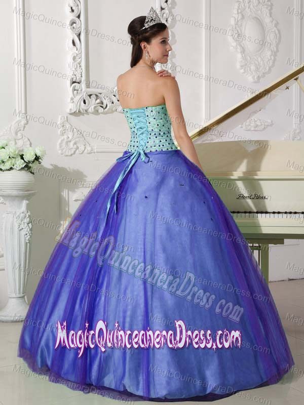Blue Floor-length Tulle Sweet Sixteen Dresses with Beading in Concordia Argentina
