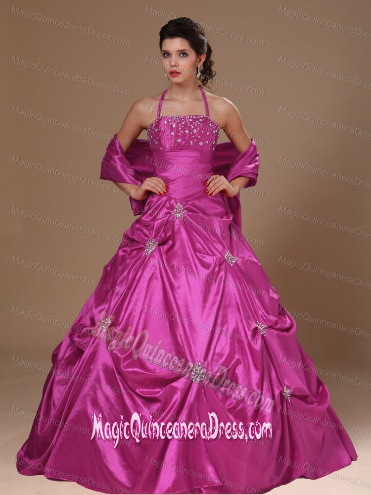 Exclusive Fuchsia Halter Beaded Quinceanera Gowns with Pick Ups in Broomfield