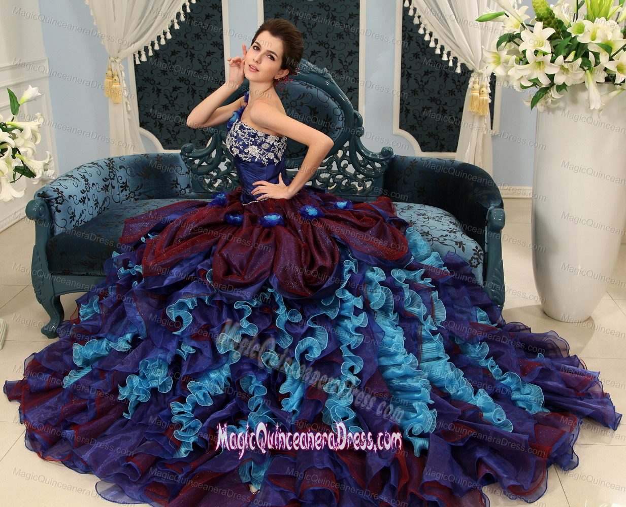 Muti-Color One Should Ruffled Gorgeous Quinceanera Dress with Handmade Flowers