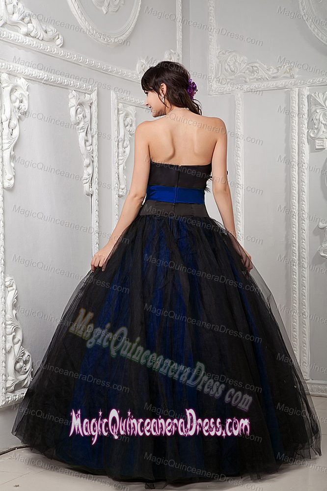 Black and Navy Blue Strapless Beaded Feathered Tulle Quinceanera Dress in Tucker