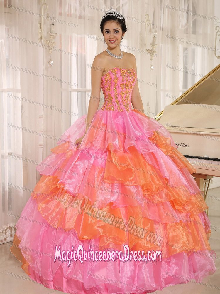 Orange and Pink Strapless Appliqued Quinceanera Gowns with Ruffles in Eureka
