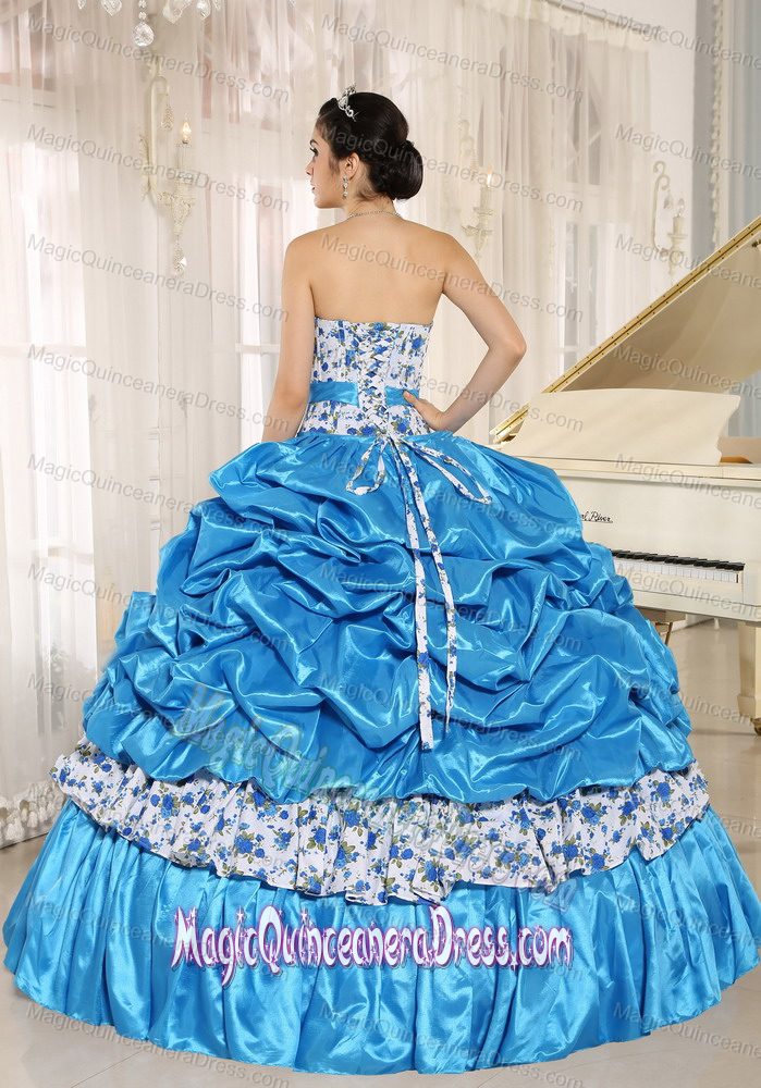 Best Sweetheart Printed Blue Elegant Pron Gowns with Pick Ups in Costa Mesa