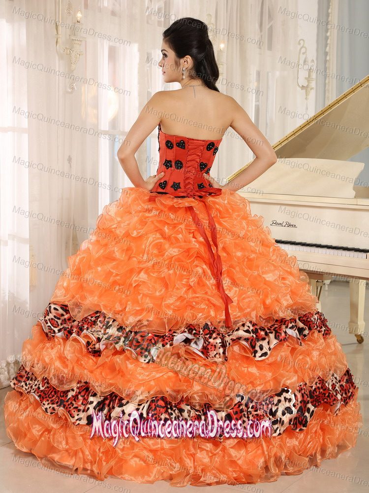Sweetheart Leopard Printed Ruffled Quinceanera Gowns in Orange in Emeryville