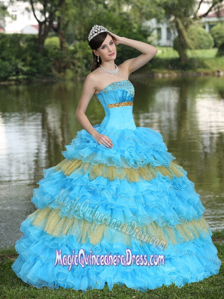 Aqua Blue and Yellow Strapless Ruffled Sweet 16 Dresses with Sequins in Cupertino