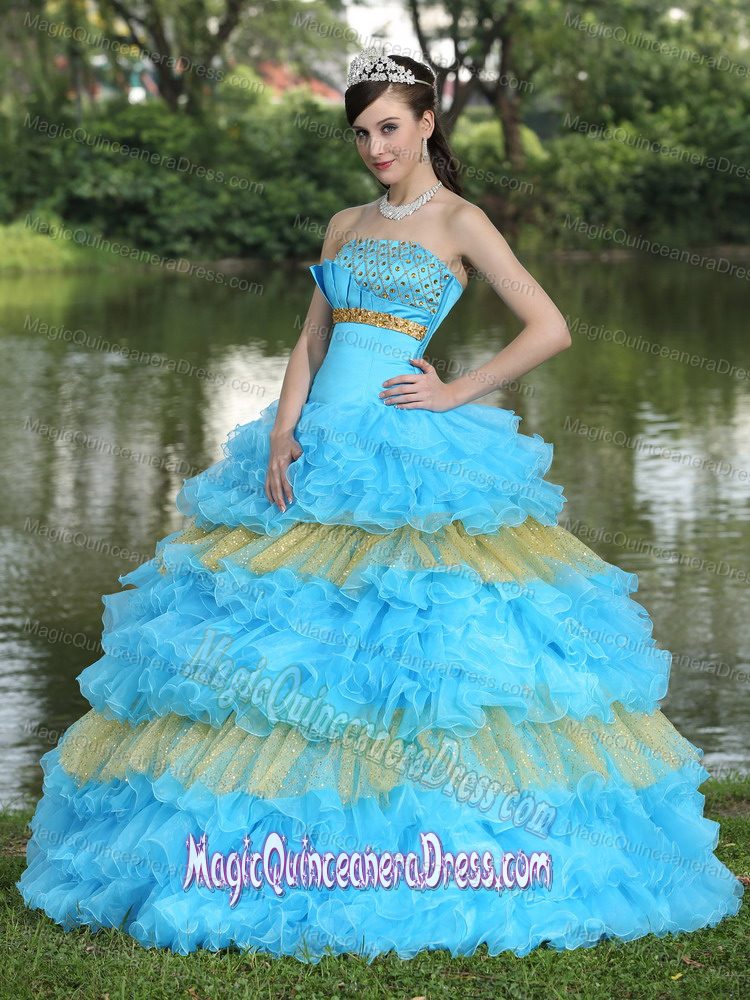 Aqua Blue and Yellow Strapless Ruffled Sweet 16 Dresses with Sequins in Cupertino