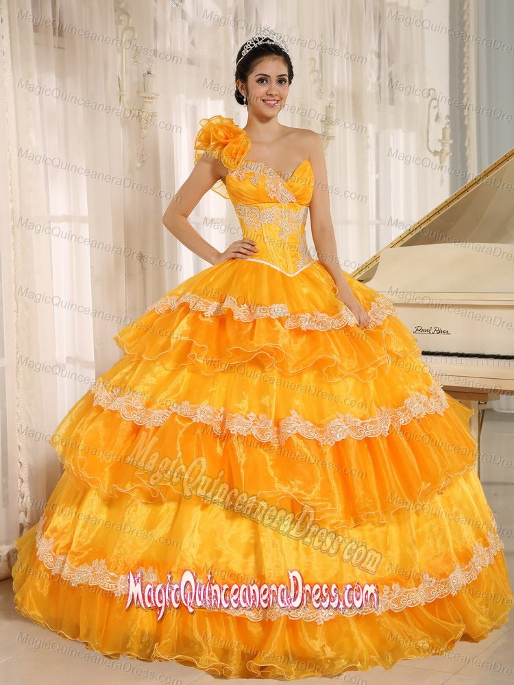 Elegant Hand Flowery One Shoulder Appliqued Ruffled Orange Quinceanera Gowns