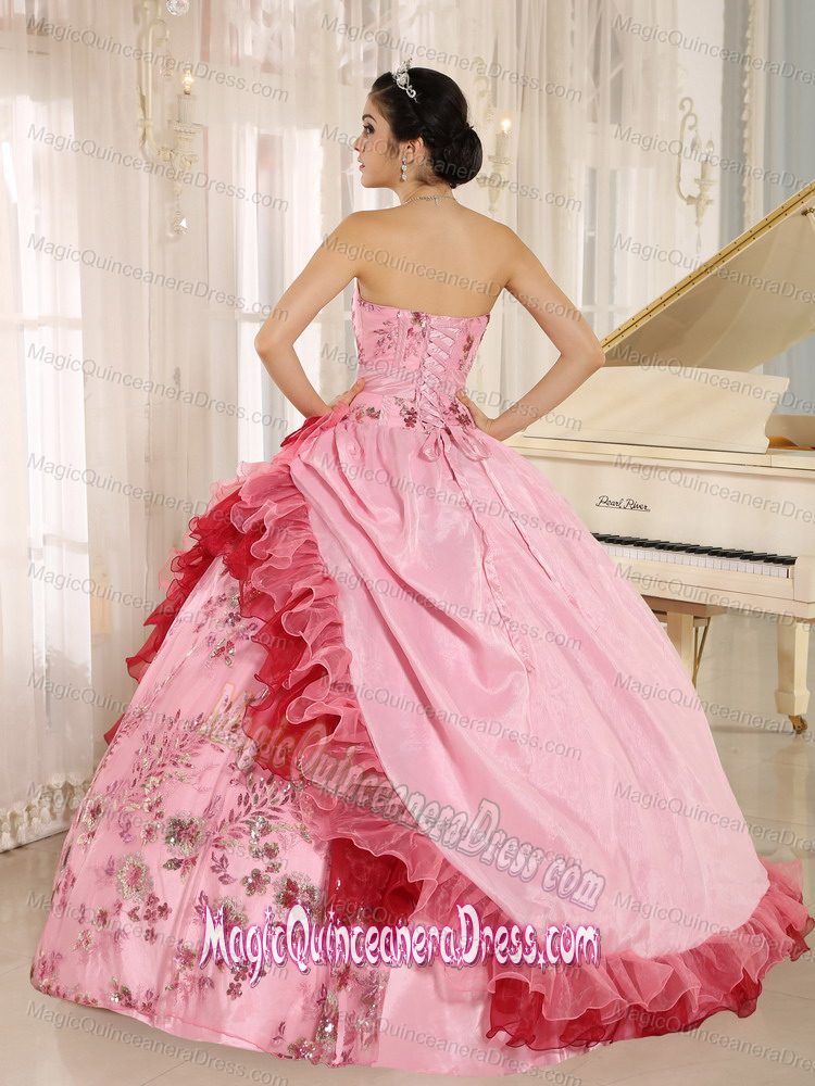 Strapless Hand Flowery Embroidered Quinceanera Gowns in Rose Pink in Costa Mesa