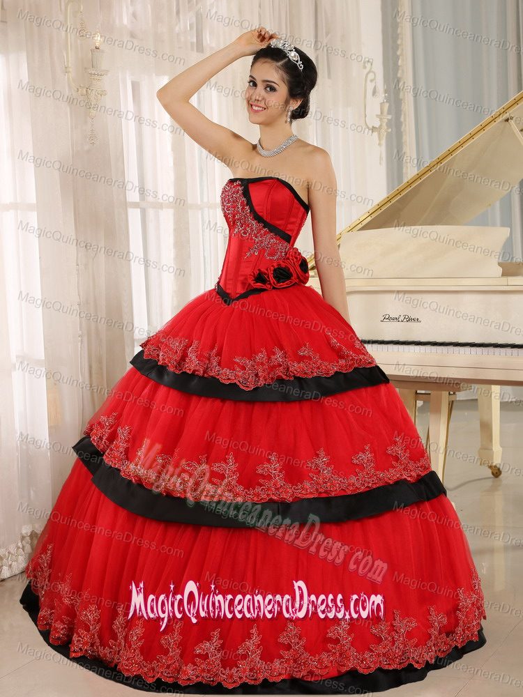 Hand Flowery Strapless Appliqued Ruffled Quinceanera Dress in Red in Canoga Park