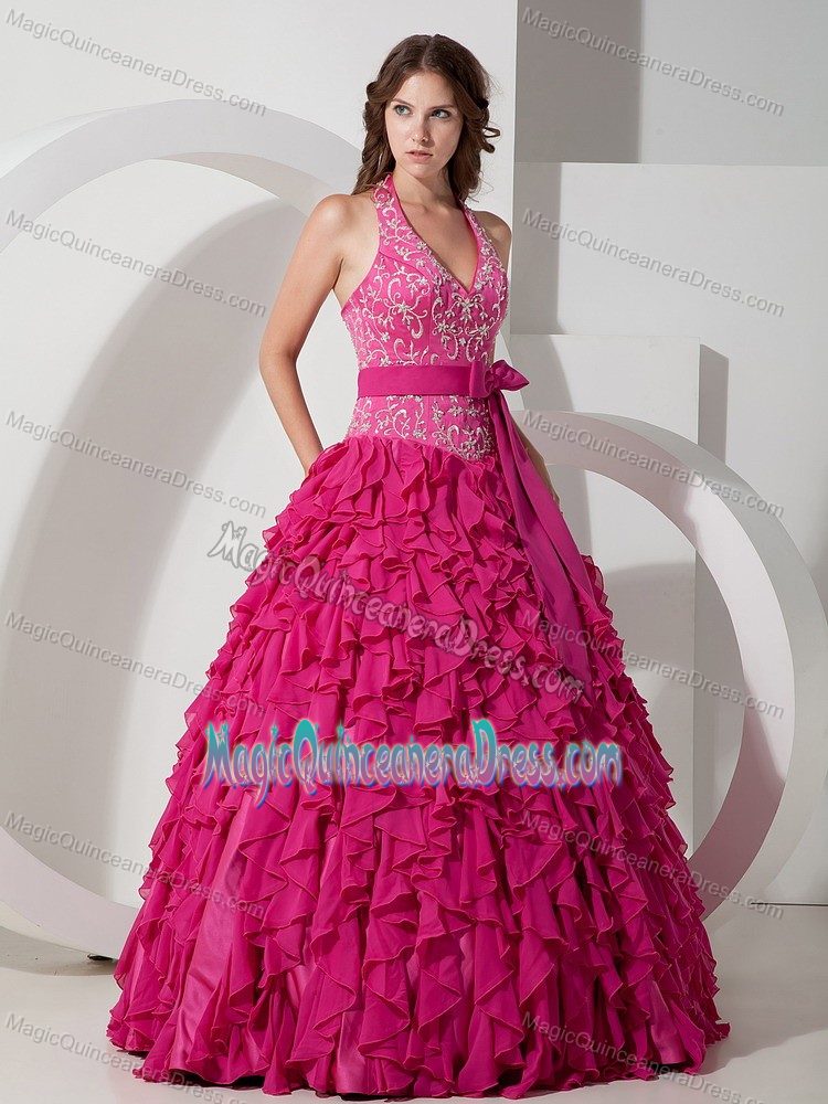 Halter Floor-length Chiffon Embroidered Quince Dresses in Hot Pink