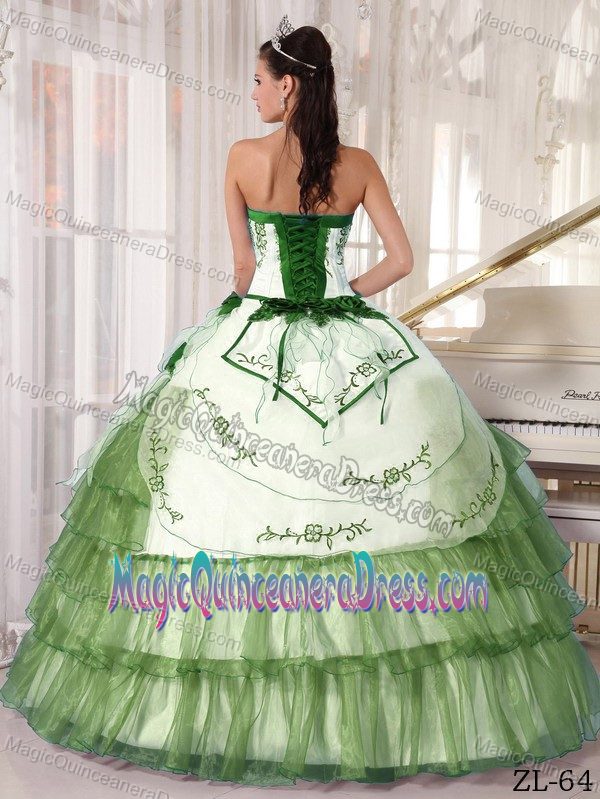 Green and White Embroidery Layers Quinceaneras Dress near Daniels WV