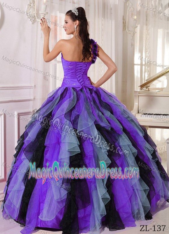 Multi-color Single Shoulder Ruched Ruffled and Sequins Quinces Dresses