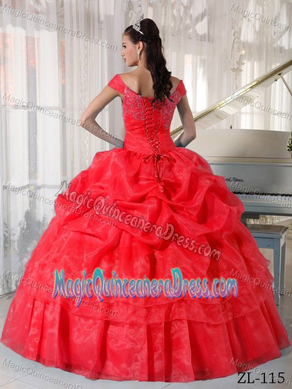 Red Off The Shoulder Pick Ups and Diamonds Sweet 15 Dresses in Delafield