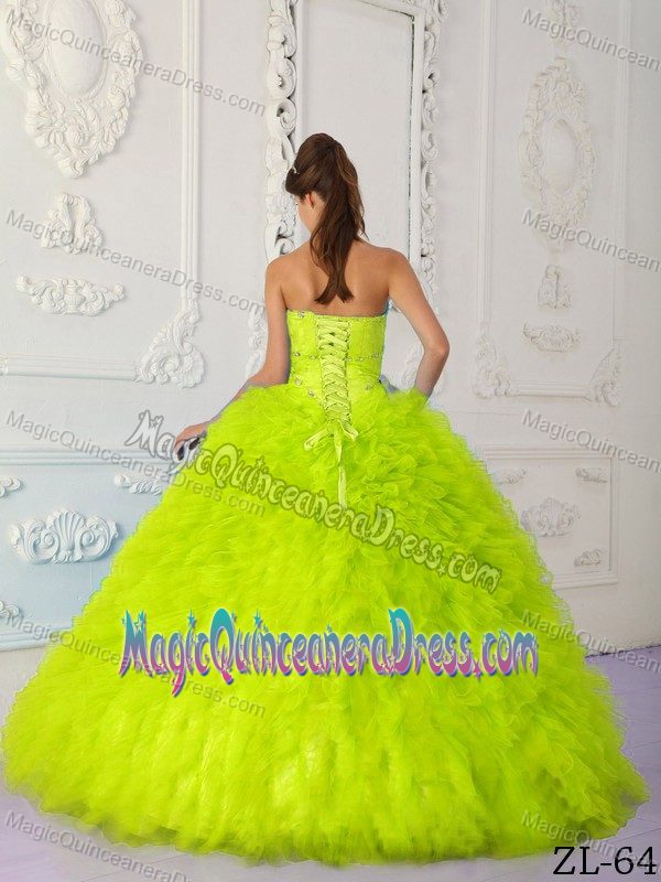 Yellow Green Beaded Ruched and Ruffled Quinceanera Gown in Summersville