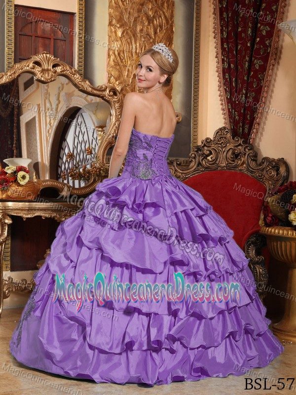 Purple Strapless Ruffled Layers and Appliques Quinceanera Dress for Woman