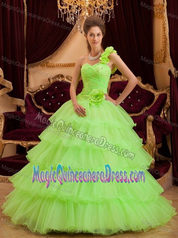 One Shoulder Ruffled Layers Flowers Green Quinces Dresses in Lopez Island