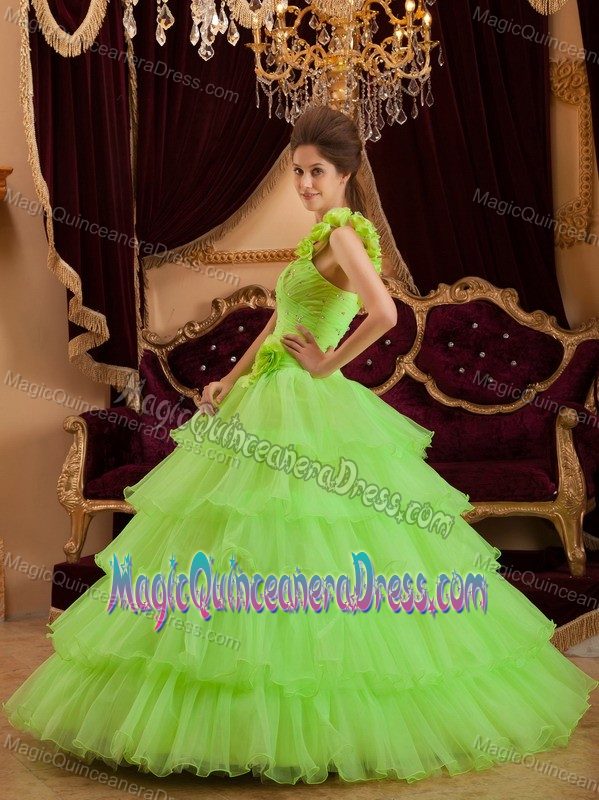 One Shoulder Ruffled Layers Flowers Green Quinces Dresses in Lopez Island