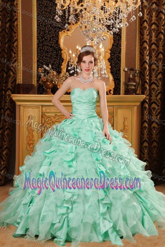 Ruffled Beaded and Ruched Quinceanera Dresses in Apple Green in Lynden
