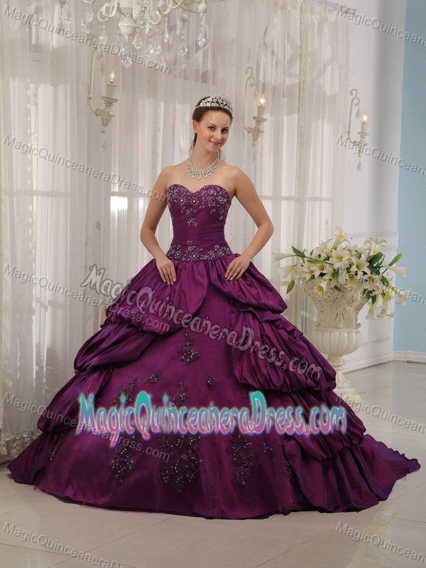 Eggplant Purple Sweetheart Taffeta Appliqued Quinceanera Dress with Court Train